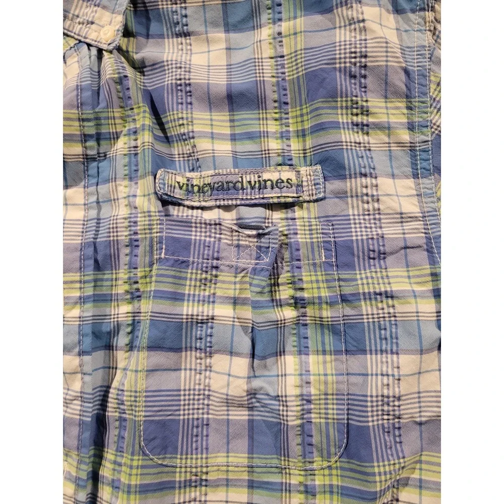 Vineyard Vines Harbor Shirt Mens M Performance Fishing Plaid Blue Green Vented